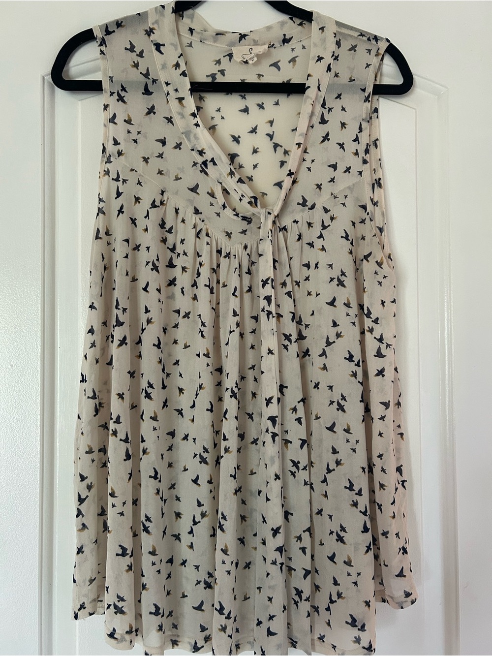 Sleeveless Cream Bird-Print Tie-Front Camisole